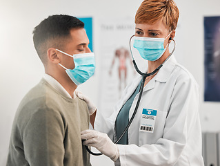 Image showing Doctor, cardiology or woman with man breathing for healthcare, nursing or wellness in clinic. Asthma, cardiology service or medical worker checking heart beat with listening equipment in hospital