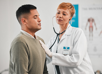 Image showing Doctor, asthma or woman with man breathing for healthcare, nursing or cardiology wellness services. Test tools, help or medical worker checking heart beat with listening equipment in hospital clinic