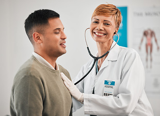 Image showing Doctor, portrait or happy woman with man breathing for healthcare, nursing or clinic cardiology. Wellness services, smile or medical worker checking heart beat with listening equipment in hospital