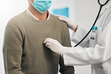 Image showing Doctor, closeup or woman with patient breathing for healthcare, nursing or wellness in clinic. Asthma exam, test or hands of medical worker checking heart beat with listening equipment in hospital