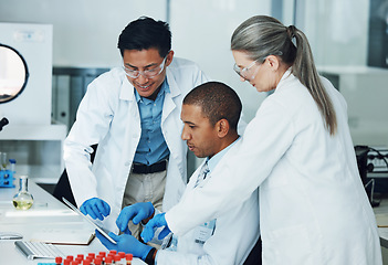 Image showing People, tablet and collaboration in science laboratory for medical research, medicine and teamwork development. Mature scientist, mentor and technology for DNA healthcare and genetic engineering help