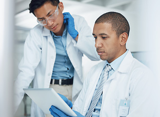 Image showing Men, tablet and collaboration in science laboratory for medical research, medicine and teamwork development. Scientist, thinking and digital technology for DNA healthcare or genetic engineering ideas