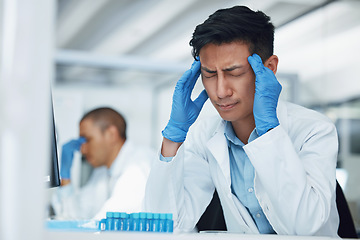 Image showing Science, headache and lab scientist, man or expert with bad pain problem, mental health anxiety or depression crisis. Laboratory fatigue, tired and sad person stress over mistake, risk or migraine