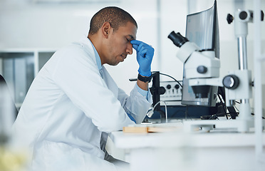 Image showing Mental health, headache and lab scientist, man or expert with anxiety, depressed or frustrated with computer 404 error. Science, research fail and person stress over mistake, medical risk or migraine