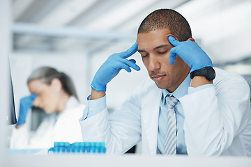 Image showing Burnout, headache and lab scientist, man or expert with healthcare problem, depression or frustrated with error. Science laboratory, tired and person stress over mistake, medical risk or migraine