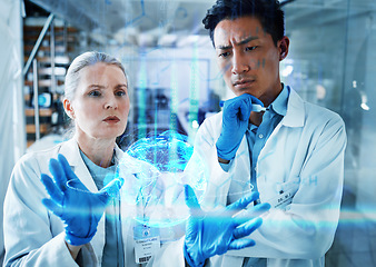 Image showing Medical science, team and thinking with overlay of data hologram, information and brainstorming innovation. Scientist ideas, man and woman with holographic info, study results or problem solving.