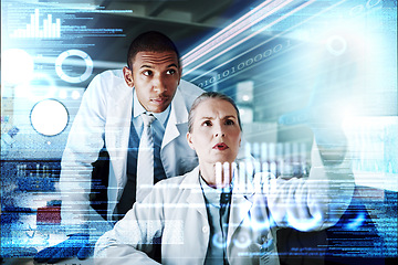 Image showing Medical science, man and woman in overlay of data hologram, information and brainstorming innovation. Scientist, future technology and dashboard on holographic info, study results or problem solving.