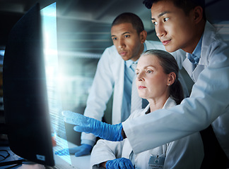 Image showing Science, future technology and medical research team at computer with hologram, information and innovation. Scientist, men and woman with holographic info, results or data on screen for collaboration