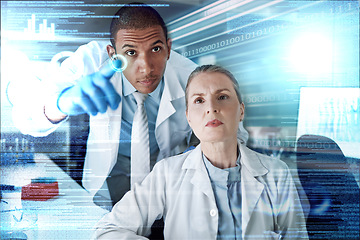 Image showing Science, future technology and medical research with team at overlay computer hologram, information and data. Scientist, man and woman with holographic info, study results or dashboard for analysis.