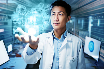 Image showing Scientist, future technology and medical research overlay with hologram, virus information and innovation. Science, thinking and Asian man with holographic data, study results and problem solving.