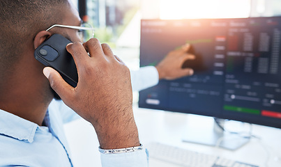 Image showing Phone call, stock market or man trading on computer for investment stocks or future profit growth. Screen, crypto network or trader talking or speaking of financial info on online website in office