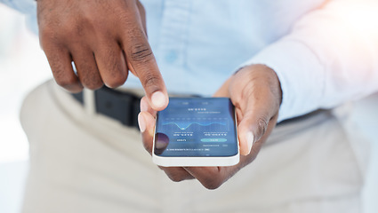 Image showing Hands, finance or businessman trading on a phone in stock market or cryptocurrency website in office. Screen, data analysis closeup or financial investor checking online for savings investment growth