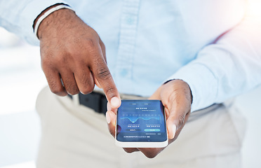 Image showing Hands, phone or businessman trading on stock market, fintech app or cryptocurrency website in office. Screen, data analysis closeup or financial trader checking online for savings investment growth