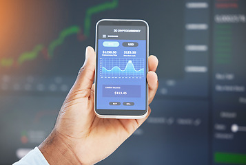 Image showing Hand, phone screen or businessman trading on stock market, fintech app or cryptocurrency website. Ux homepage, data analysis closeup or financial trader checking online for savings investment growth