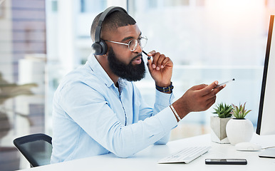 Image showing Call center, customer service and consultant talking on call for insurance advice in an office for online telemarketing. Computer, contact us and man employee in discussion for sales or support