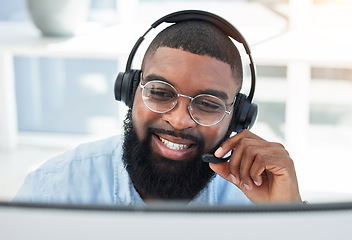 Image showing Call center, customer service and salesman talking on call for insurance advice in office for online telemarketing. Smile, contact us and man employee discussion for sales, communication or support