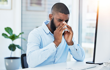 Image showing Allergy, blowing nose or sick businessman in office or worker with hay fever sneezing or illness in workplace. Sneeze, black man or trader with toilet paper tissue, virus or flu disease at desk