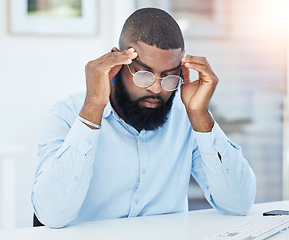 Image showing Stress, burnout or tired businessman with headache overwhelmed by problems, mistake or failure. Stock market crash, glasses or frustrated black man trader overworked in office with fatigue or failure