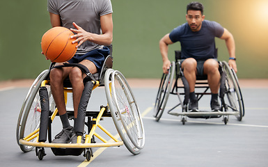 Image showing Fitness, basketball and men in wheelchair on court for training, exercise and workout on outdoor park. Sports, team and male people with disability tackle for ball for competition, practice and games