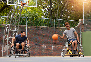 Image showing Sports, basketball court and men in wheelchair for training, exercise and workout on outdoor park. Fitness, team and male people with disability with ball playing for competition, practice and games