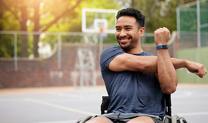 Image showing Stretching and wheelchair user with man on basketball court for training, challenge and competition. Fitness, health and sports warm up with person with a disability for workout, game and start