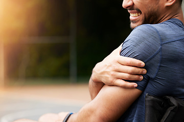 Image showing Fitness, closeup or man with shoulder pain, injury or exercise and inflammation, broken and muscle tension. Zoom, hurt person and athlete with accident, arm strain and health problem on outdoor space