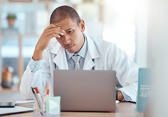 Image showing Headache, doctor and man at laptop in medical office with burnout challenge, clinic problem and stress. Frustrated healthcare worker at computer with fatigue, migraine pain and anxiety of 404 mistake