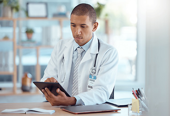 Image showing Man, doctor and digital tablet for hospital schedule, surgery planning and healthcare help. Biracial person, medical and professional on technology for test results and prescription medicine research