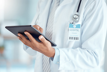 Image showing Person hands, doctor and digital tablet for hospital schedule, surgery planning or healthcare telehealth. Closeup, medical and professional on technology for surgery test results or medicine research