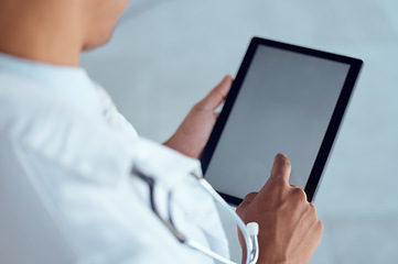 Image showing Person hands, doctor and tablet screen for hospital schedule, surgery planning or healthcare mockup. Digital, technology or mock up space for information on medical aid, prescription or test results