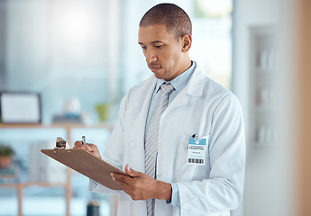 Image showing Man, doctor and clipboard writing for hospital schedule, surgery planning and healthcare checklist. Biracial person, paper and documents for life insurance information, medical aid and prescription