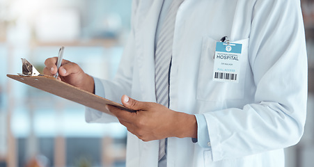 Image showing Person hands, doctor and clipboard writing for hospital schedule, surgery planning or healthcare checklist. Paper, documents or life insurance information on medical aid, prescription or test results