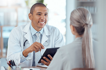 Image showing Tablet, office and doctor consulting a patient in a health conversation or communication during medical consultation. Medicine, healthcare and professional talking to person for results in a clinic