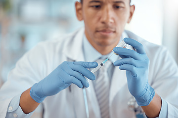 Image showing Vaccine bottle, needle and doctor for safety, healthcare and medicine in hospital. Closeup, hands of man or prepare vaccination, virus injection and vial for immunity, medical drugs or liquid product