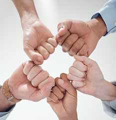 Image showing Fist bump, teamwork or doctors with solidarity in collaboration for healthcare goals together. Clinic closeup, hands or low angle of medical nurses with group support, motivation or mission in circle