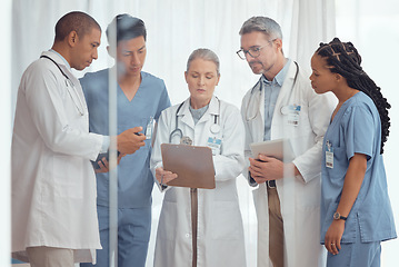 Image showing Group of doctors, nurses and checklist in hospital, meeting and planning surgery or team schedule. Healthcare, discussion and medical staff with clipboard in consultation feedback together in clinic.