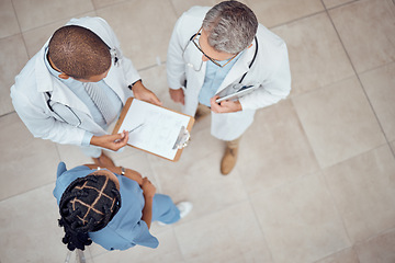 Image showing Doctors, nurse and checklist in hospital from above, meeting and planning surgery or team schedule. Healthcare, discussion and medical staff with clipboard, feedback and talking together in clinic.