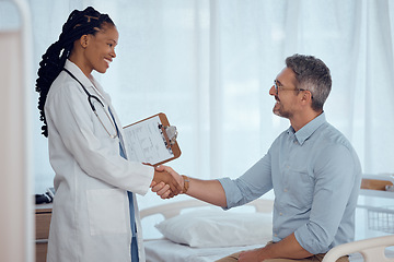 Image showing Doctor, happy patient and people shaking hands for hospital agreement, checkup success or healthy exam results. Clinic nurse, medicine expert and surgeon welcome, thank you and handshake with client