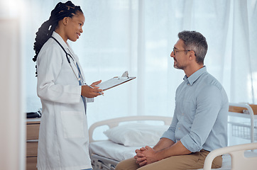 Image showing Doctor results, patient and happy people consulting in hospital consultation, medical checkup or healthcare assessment. Clinic nurse, medicine professional and expert surgeon talking with client