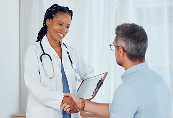 Image showing Doctor, patient and people shaking hands, smile and hospital checkup with healthy diagnosis, healthcare results or support. Clinic nurse, trust and surgeon welcome, thank you or hand shake for client