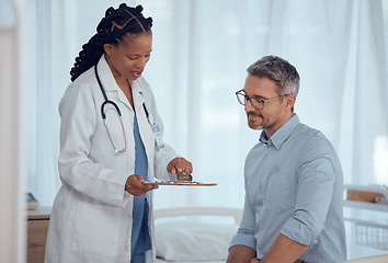 Image showing Doctor, patient and people with clipboard results in hospital consultation, medical checkup or healthcare exam diagnosis. Nurse, clinic assessment and professional surgeon show client health test