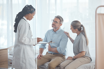 Image showing Doctor, couple or people in hospital consultation, medical checkup or healthcare exam, patient diagnosis or health advice. Husband support, clinic assessment or talking surgeon in client conversation