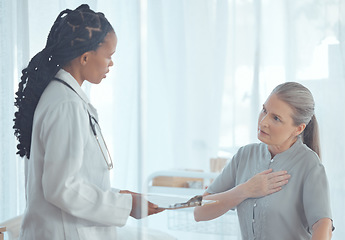 Image showing Healthcare, discussion and doctor with elderly patient talking about chest pain problem. Consultation, clipboard and female medical worker speaking to senior woman with heart sickness in the hospital