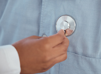 Image showing Doctor, hands and stethoscope on patient for chest heartbeat, healthcare services or cardiology assessment in clinic. Closeup of medical worker listening to heart, lungs or breathing test in hospital