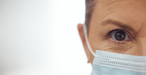 Image showing Healthcare, portrait and woman with mask, mockup banner and safety for doctor in hospital on white background. Ppe, face and eyes of medical professional, rules and compliance working in clinic space