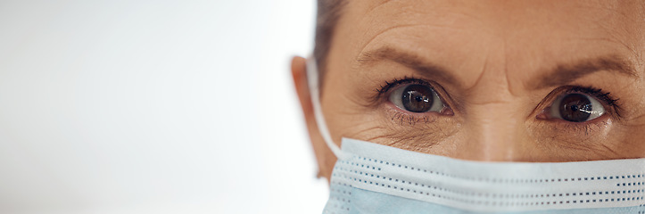 Image showing Doctor, portrait and woman with mask, mockup banner and safety in healthcare in hospital on white background. Ppe, face and eyes of medical professional, rules and compliance working in clinic space.