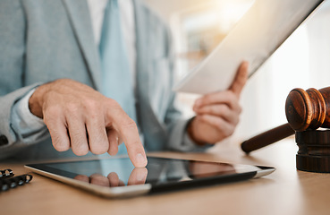 Image showing Lawyer, hand and tablet for document research, fingerprint biometric or access online law firm database. Advocate, closeup attorney or person scroll on government info, court policy or legal contract