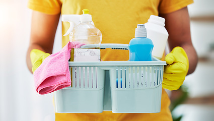 Image showing Equipment, basket and hands of cleaner in a home for hygiene, germ protection and maintenance with a chemical. Bacteria, cleaning service and housekeeper or worker working in a house with gloves