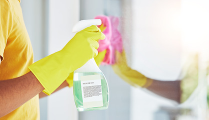 Image showing Glass, spray and hands cleaning in a home for hygiene, germ protection and maintenance with a chemical in a house. Bacteria, service and housekeeper or cleaner working on a window with gloves