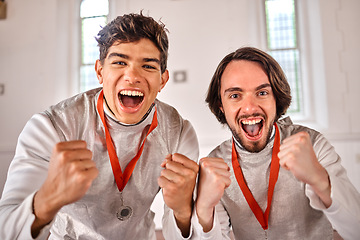 Image showing Team, portrait or men winning a medal for a fighting competition, challenge or sports match. Fencing winners, faces or excited athletes celebrate with reward, victory or prize for games or tournament